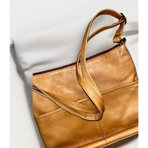 Le Donne‎ Leather Carefree Top Zip Camel Brown Colombian Leather Crossbody Bag - Picture 3 of 10